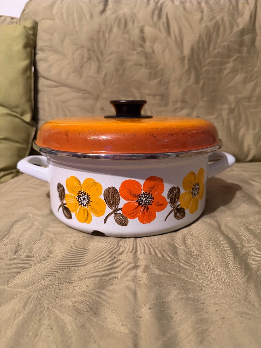 Vintage Austria email White Enamel Floral Casserole with Orange Lid.